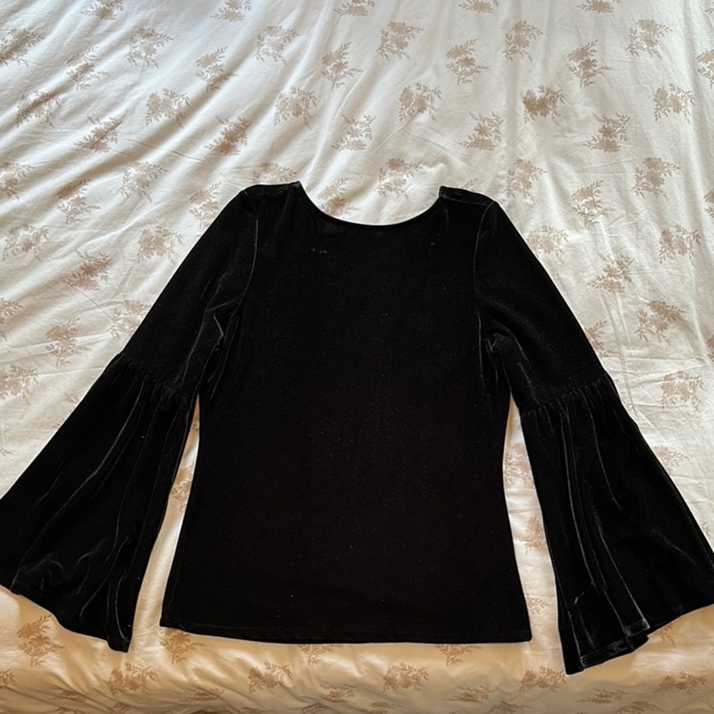 Deep Navy Fitted Velvet with Bell Sleeve Blouse